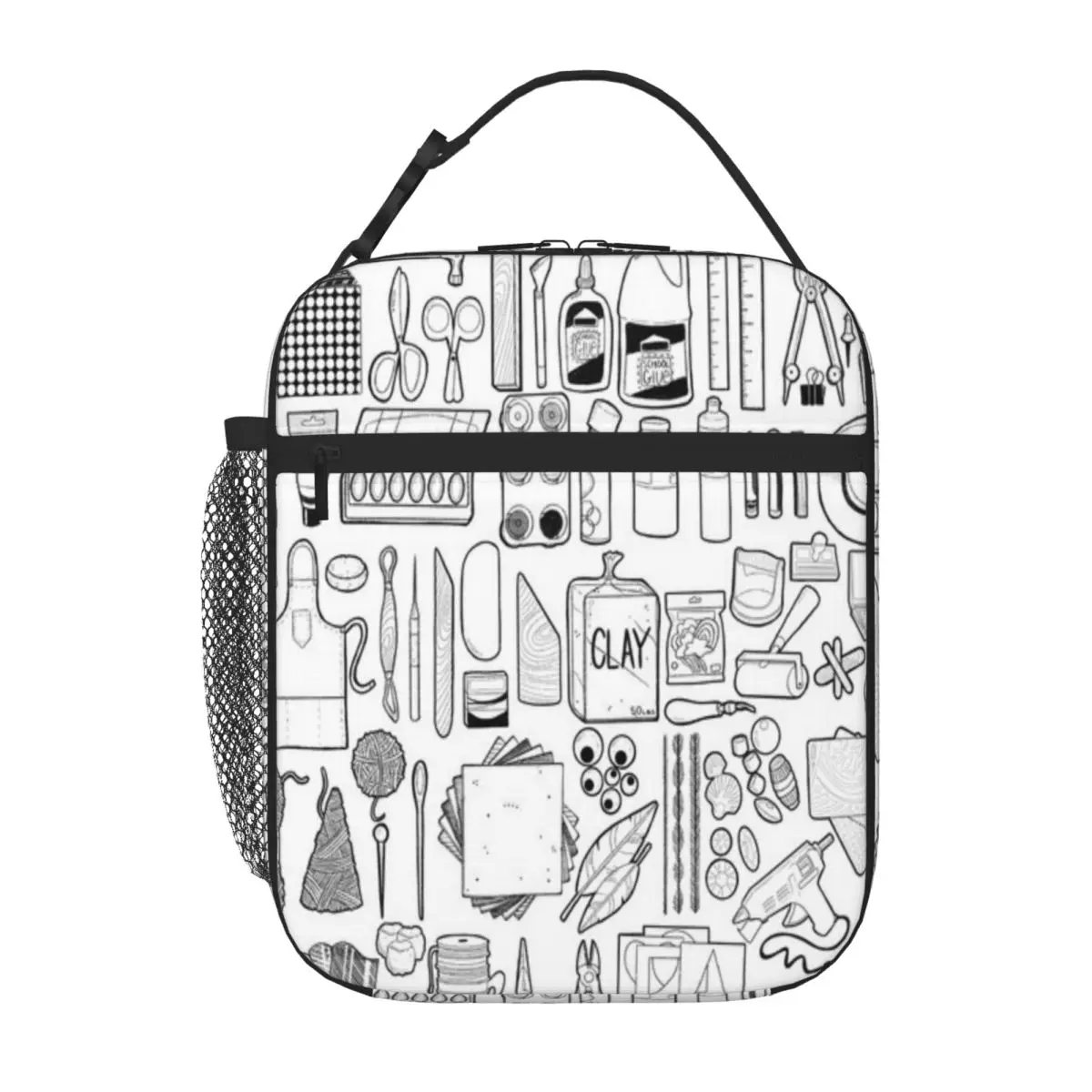 Bestselling 85 Art Supply Doodles In Black Neoprene Texture School Lunch Bag Family Picnic Large Lunch Bag