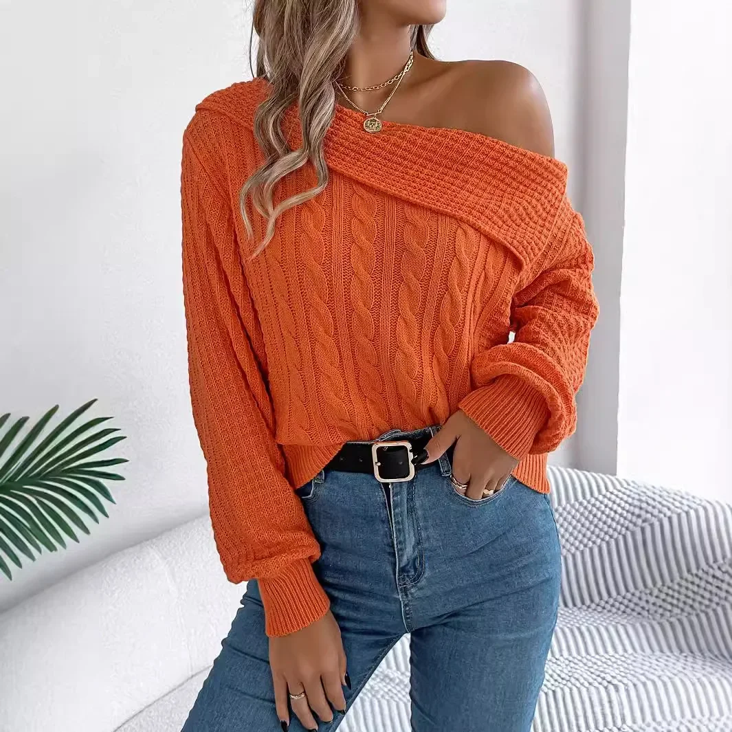 Solid Color Sexy Off-the-shoulder Pullover Knit Pullover, Women's Autumn and Winter New Oblique Shoulder Lapel Knit Sweater Y2k