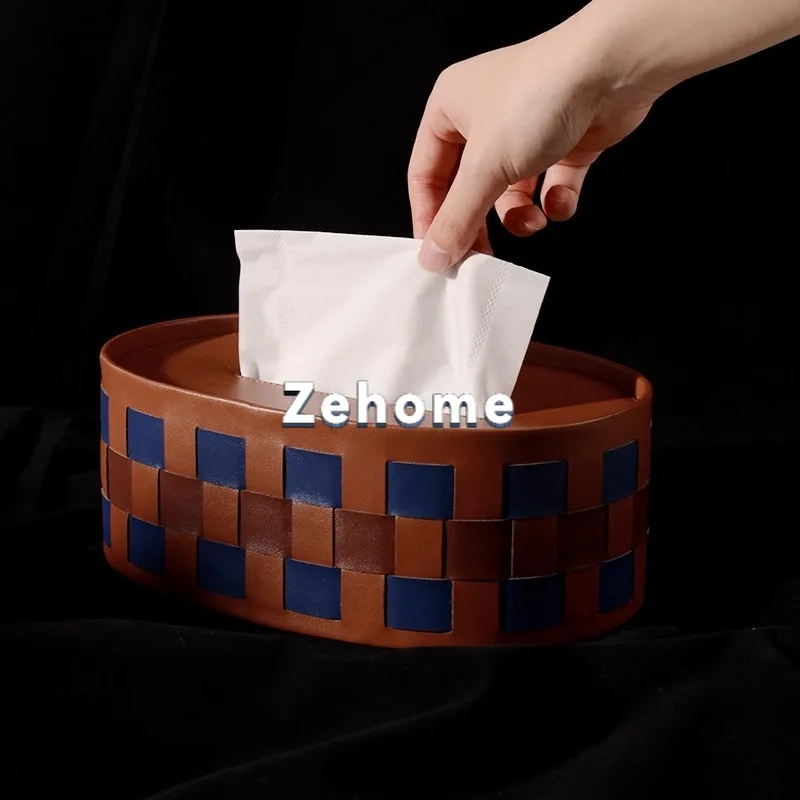 Desktop oval checkerboard light luxury leather tissue box grid home remote control storage paper drawing