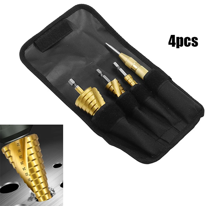 4Pcs Hex Shank Spiral Groove Step Drill Bit Set with Auto Center Punch, Storage Bag, HSS Hole Expander Reamer for Metal Wood Dri