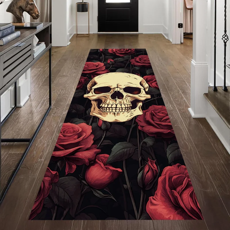 VIKAMA Gothic Skeleton Runner Rug Anti-Slip Durable Entrance Hall Floor Mat Living Room Side Cushion Halloween Home Decoration