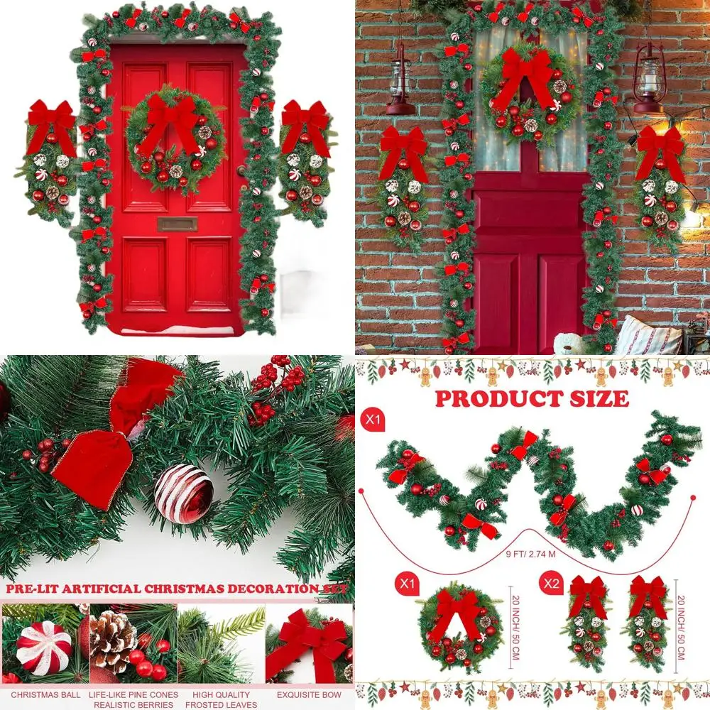 

Набор из 4 искусственных рождественских венков и гирлянд: 20 венок из сосновых игл с красным бантом, 2 каплевидных ламанок, гирлянда длиной 9 футов для праздника