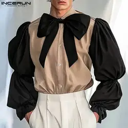 INCERUN Tops 2024 American Style Men's Fashion Contrast Bow Design Shirts Streetwear Personality Male Long Sleeved Blouse S-5XL