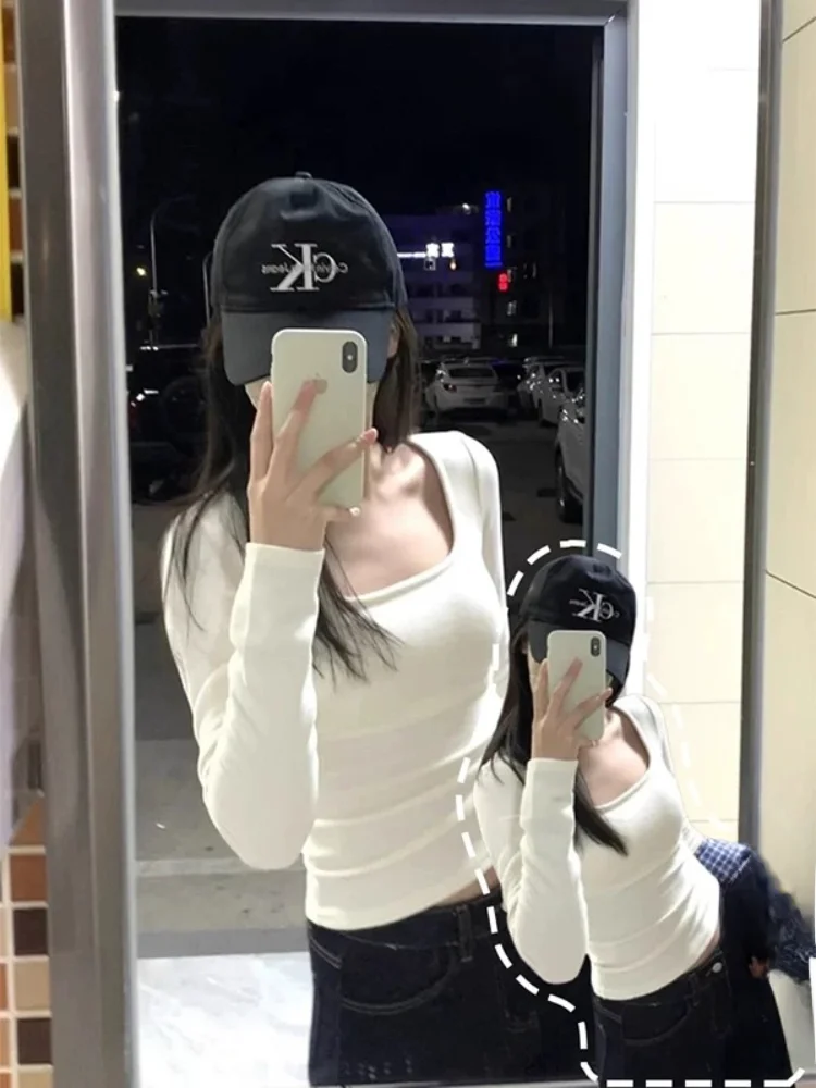 

95 Cotton Long Sleeve Square Collar Base Shirt Women's Autumn Large Size Slim Fit Inner Wear Shoulder Pure Color Top