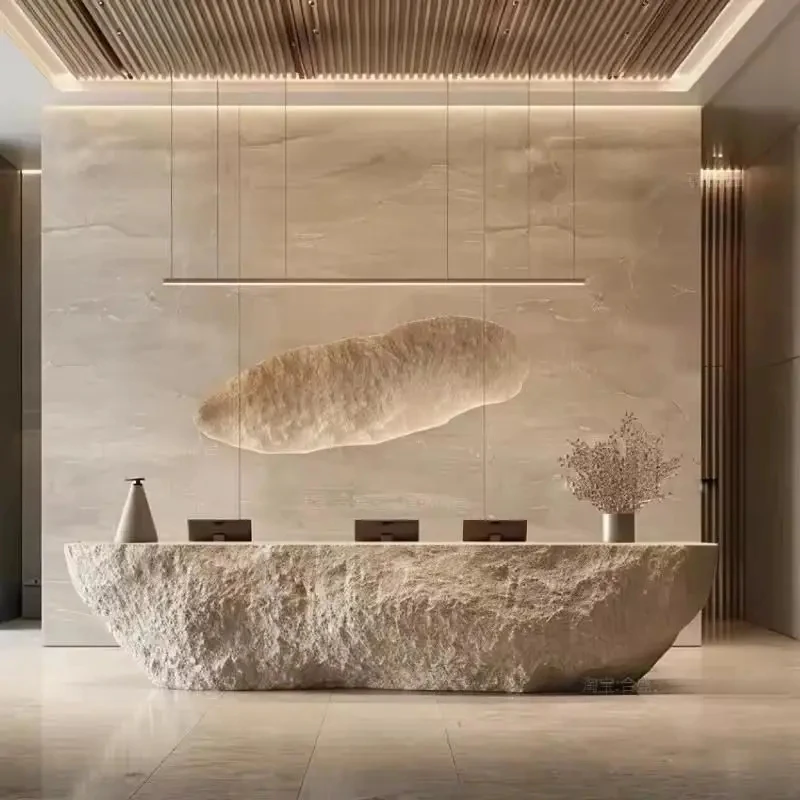 custom.Custom Design Office Counter Natural Stone-Patterned Desk FRP Material Reception Desk Hotel Restaurant Showroom view 4