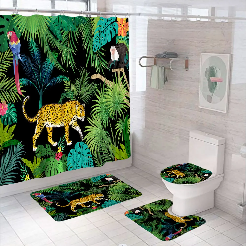 

Tropical Jungle Leopard Shower Curtain Set Green Leaves Tiger Parrot Monkey Bathroom Curtains Non-Slip Bath Mat Rug Toilet Cover