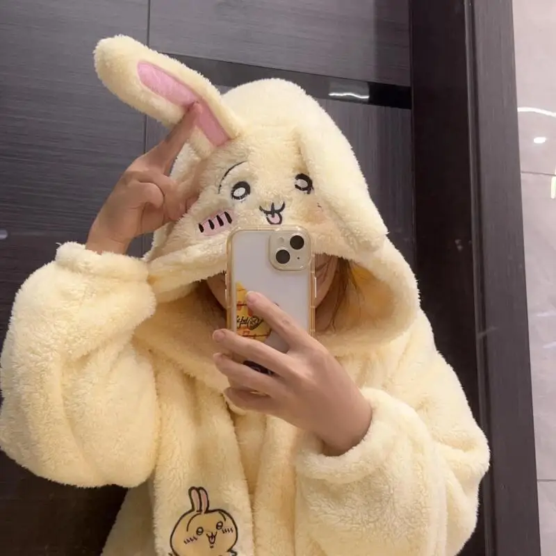 Chiikawa Usagi Thickened Coral Fleece Onesie Sleep Warm Home Clothes Cute Pyjamas Set Summer Season Home Living Holiday Gift