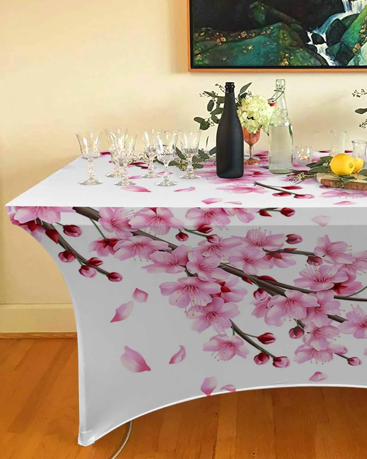 Spring Cherry Blossom Branch Pink Flower Rectangular Elastic Table Skirt Wedding Table Cover Kitchen Dining Table Tablecloth