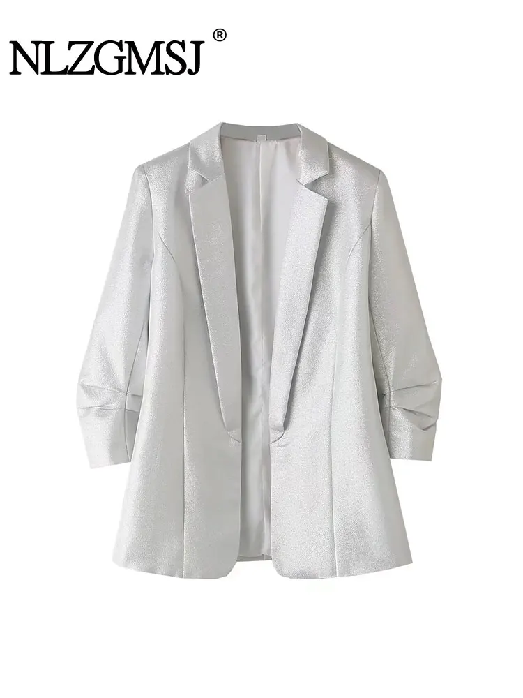 TRAF 2024 Women Fashion Office Wear Silvery Open Blazer Coat Vintage Long Sleeve With Pleated Female Outerwear Chic Coat