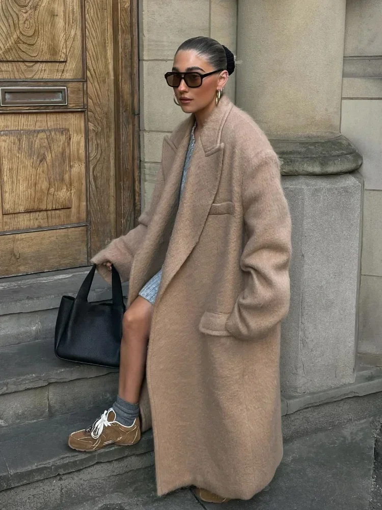 Women Khaki Vintage Wool Blends Long Coat Fashion Lapel Single Breasted Pockets Overcoat Chic Female Warm Commuter Streetwear