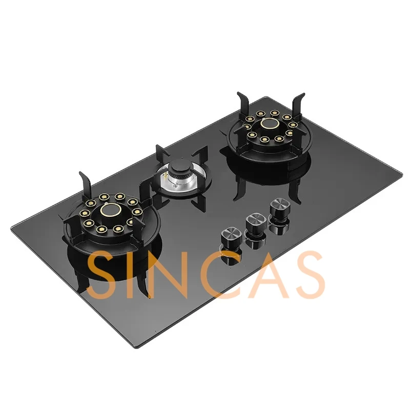 الوجه العلوي موقد النار العالي جزءا لا يتجزأ من موقد غاز زجاجي 5.2KW شرسة النار الغاز المسال/الغاز الطبيعي المنزل والتجاري 3-موقد