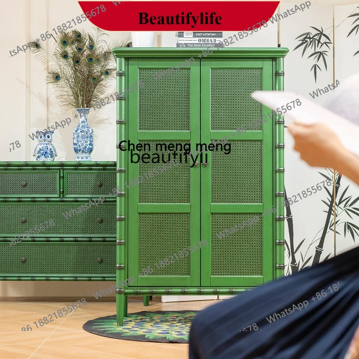 

X ss 8617 Retro handmade old green natural rattan magazine storage cabinet American furniture