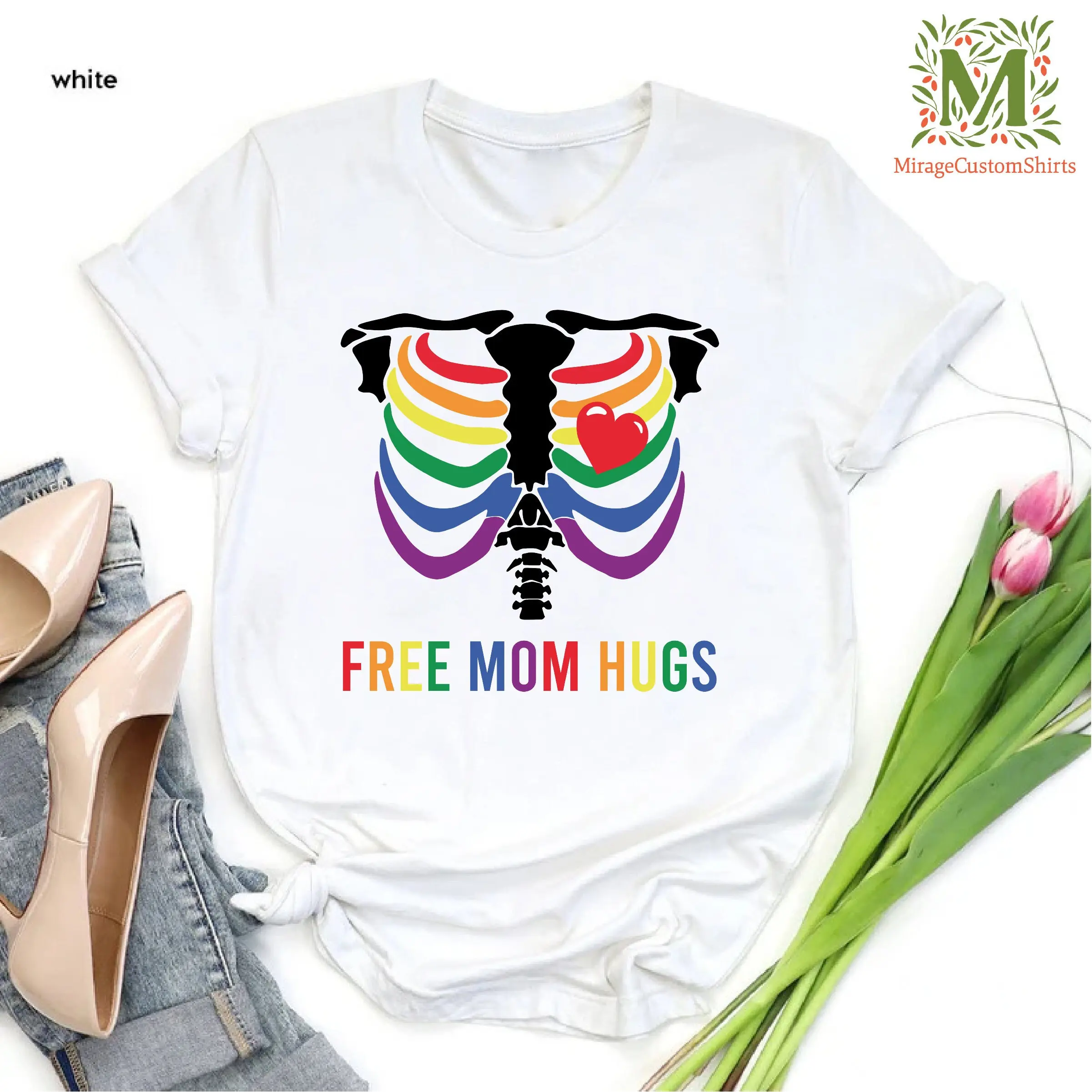 Free Mom Hugs Skeleton T Shirt Proud Apparel Rainbow Gay Pride LGBT Parent Equality Rights