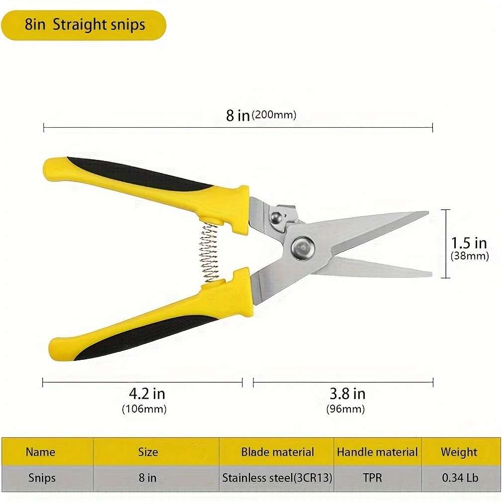 Aviation Tin Snips 8 Inch Heavy Duty Metal Cutter, Straight Shears with Stainless Steel Blade & Comfort Grips, Multifunction Cut