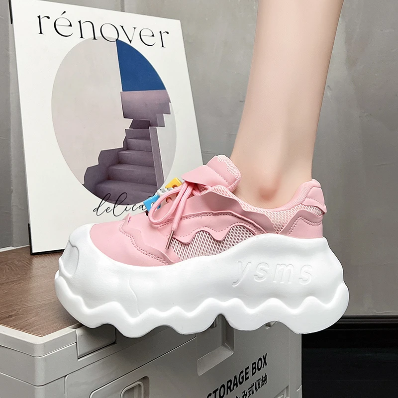 

8CM Designer Women Breathable Pink Sneakers Cute Patchwork Shoes Thick Heel Sneakers Casual Running Platform Lolita Bread Shoes