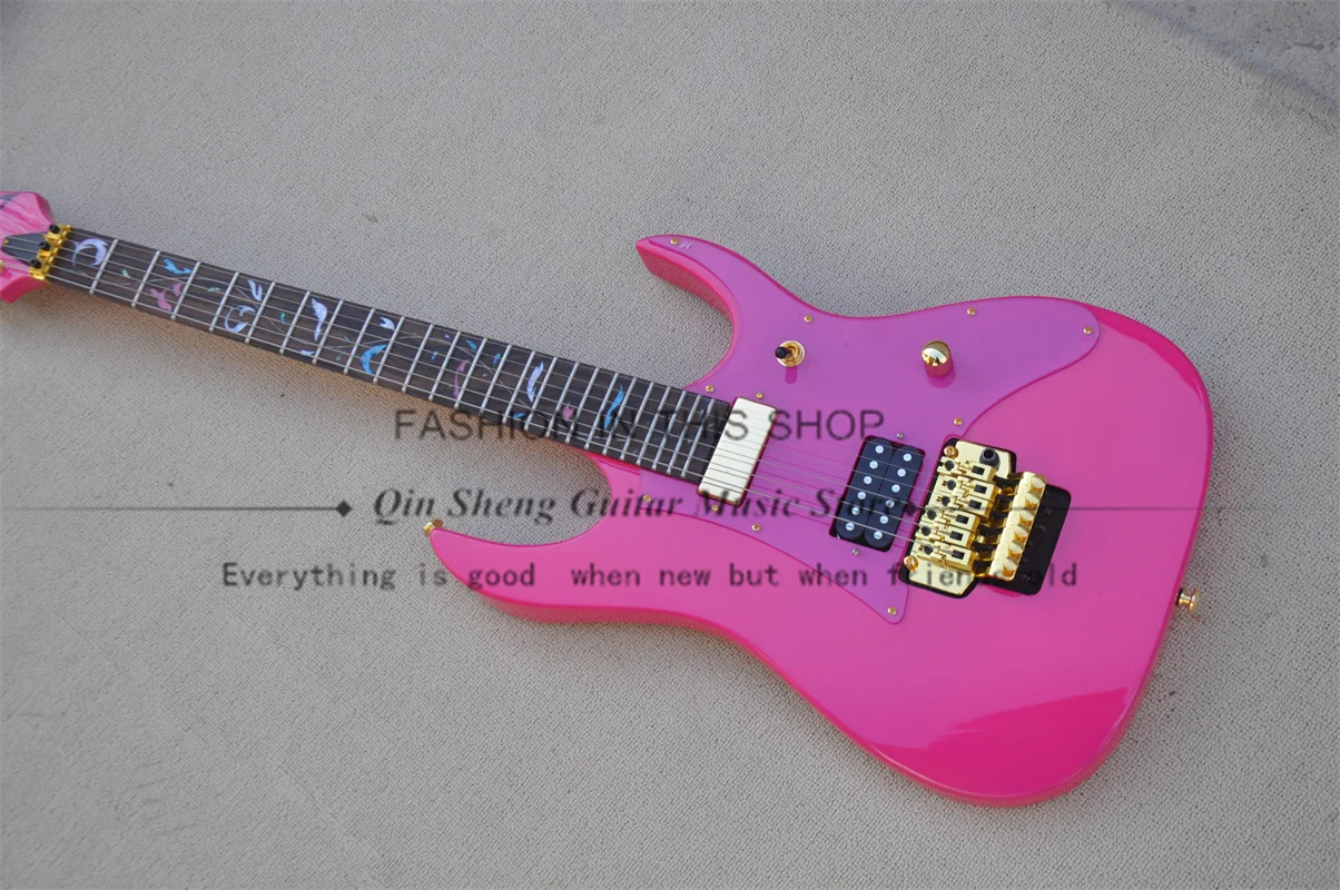 Pink Electric Guitar Maple Neck Set In Mahogany Rosewood Fingerboard Tremolo Bridge Gold Tuners RG Guitar