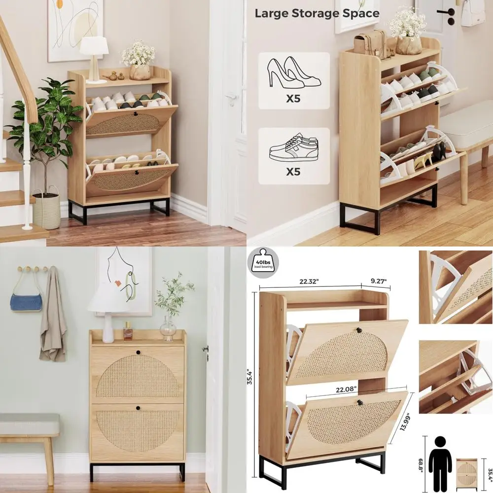 

Natural Rattan Shoe Cabinet with 2 Flip Drawers for Entryway Storage, Organizer for Sneakers and Leather Shoes