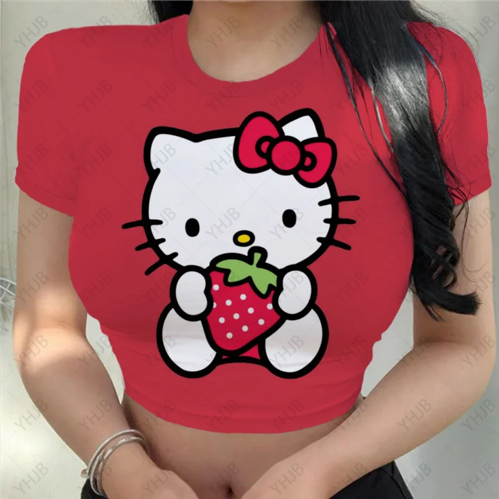 Women Hello Kitty Women T-Shirt Slim Crop Top Cartoon Cat Casual Tee Y2k Top Streetwear Sexy Tops Short Navel Female Clothes