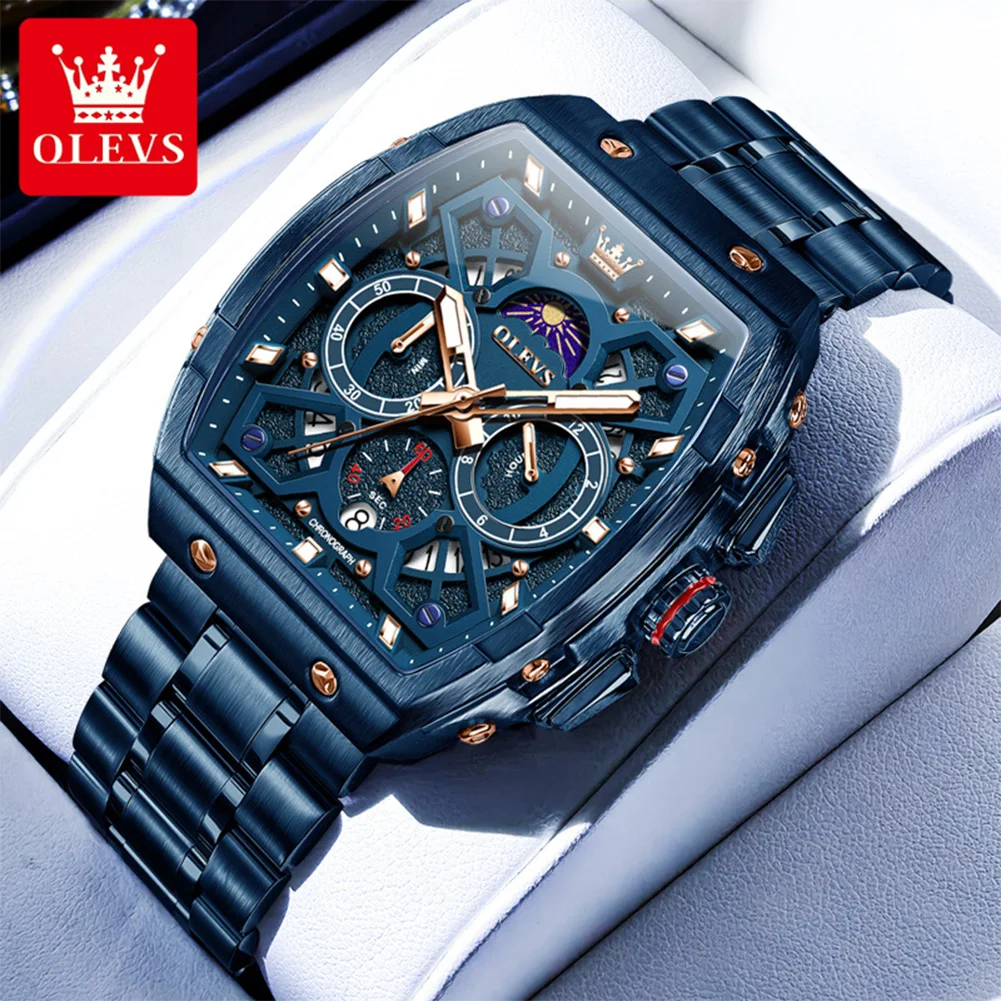 OLEVS Men's Watches Stainless Steel Tonneau Dial Moon Phase Waterproof Chronograph Wristwatch Original Quartz Watch for Men 2942