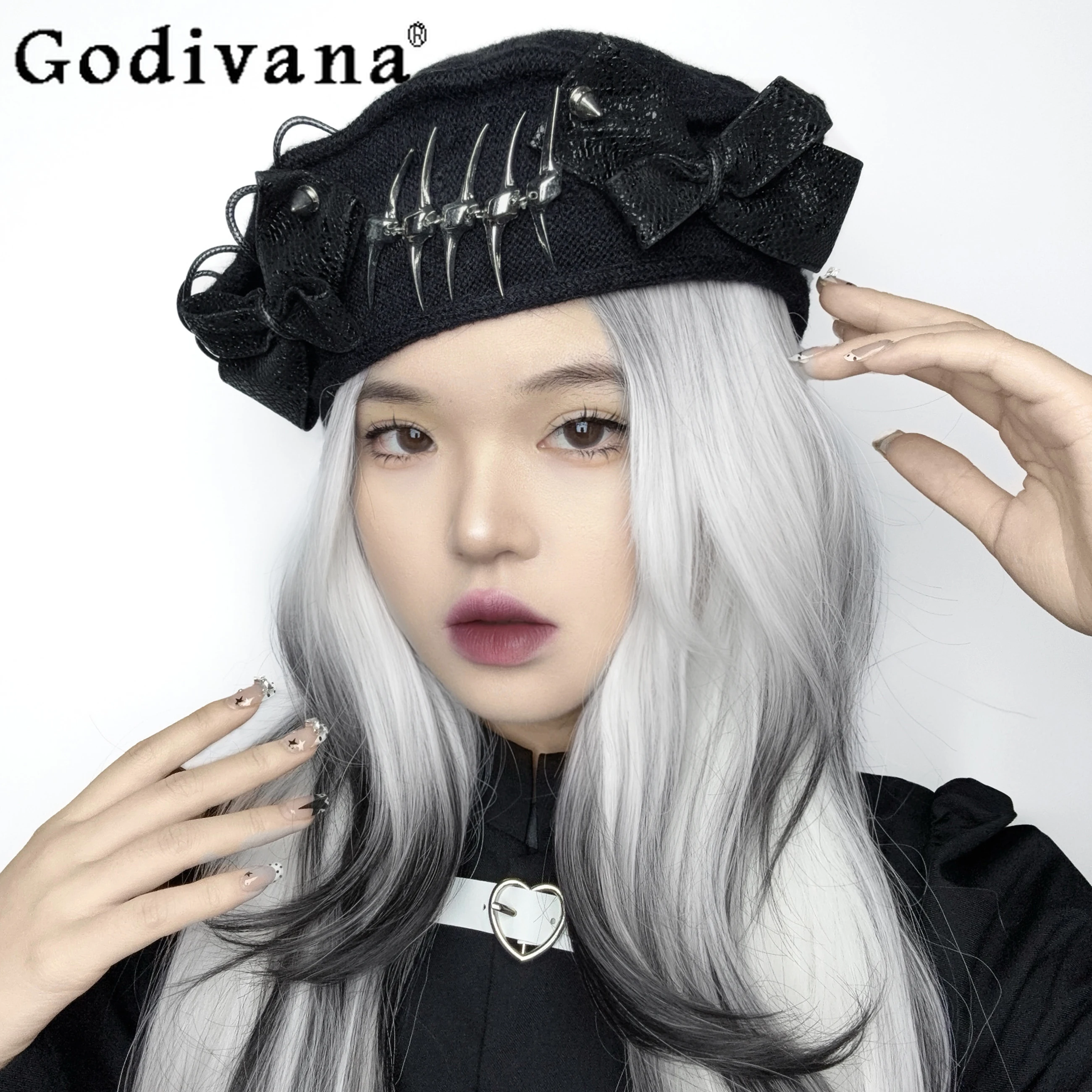 

Japanese Original Sweet Cool Girl Knitted Versatile Bowknot Decorated Hat Artistic Youth Y2K Subculture Black Beret
