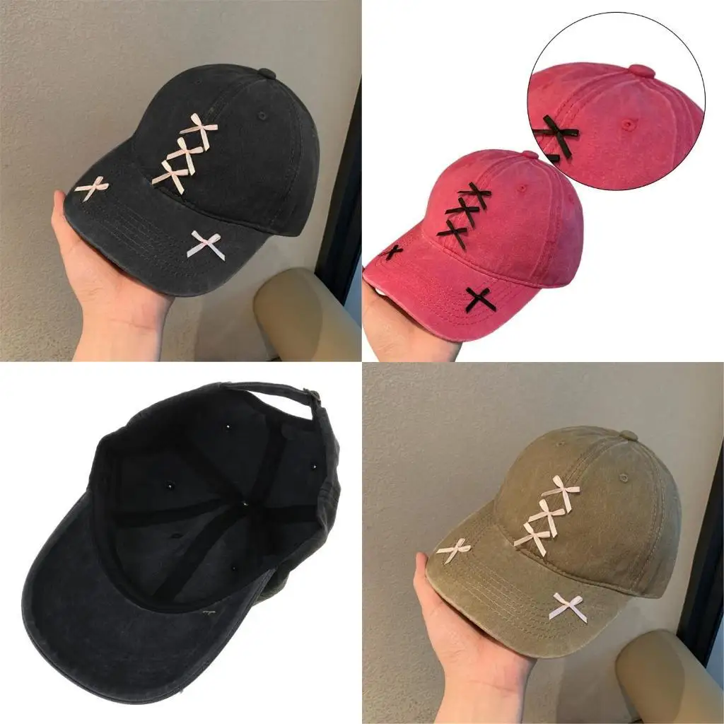 

31BB Korean Bowknot Baseball Hat Adjust Women Sunproof Hat Distress Peaked Hat Long Brims Camping Shopping Hat