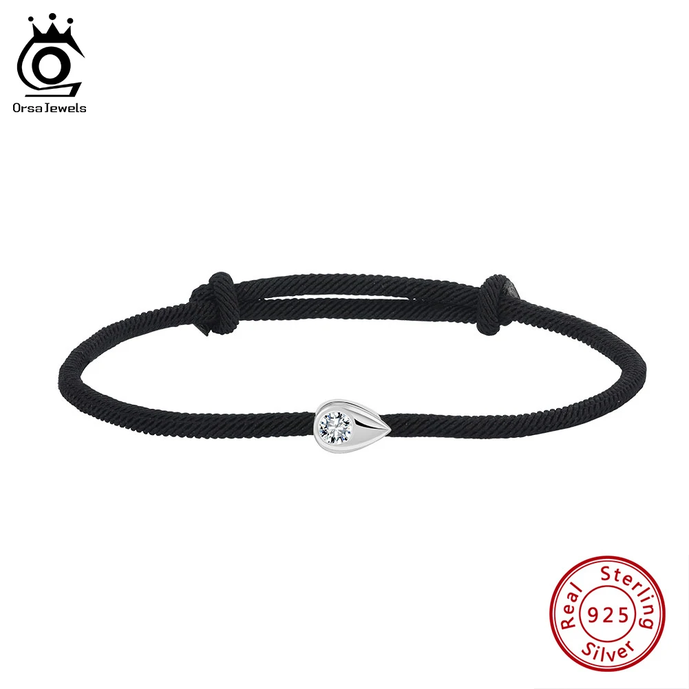 ORSA JEWELS Vintage Water Drop Charm Bracelet Rope Chain 925 Sterling Silver Zirconia Adjustable 3mm Marine String Braclet APB06