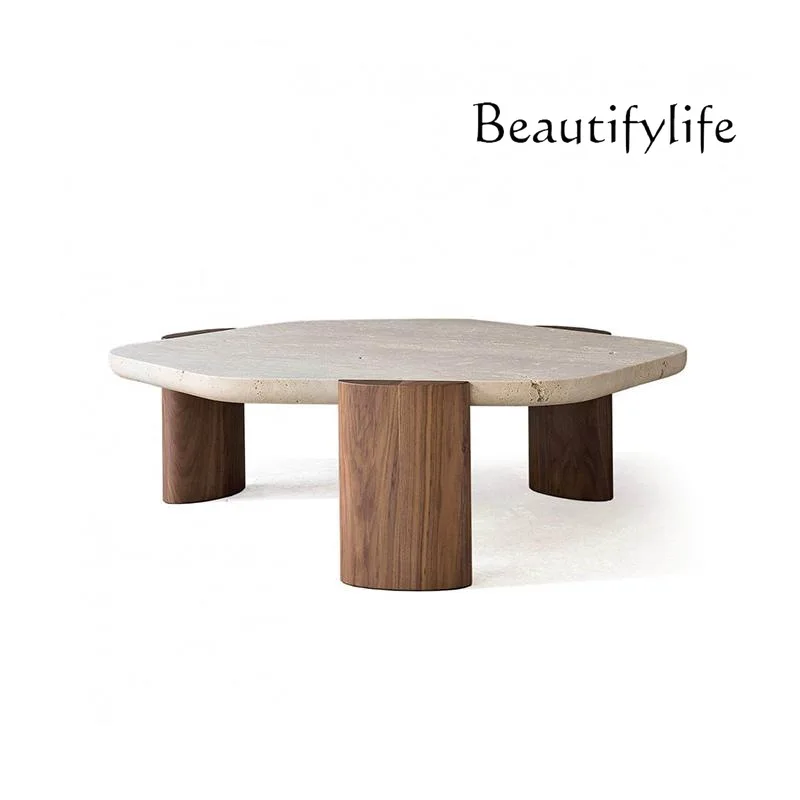 

Natural travertine coffee table small apartment living room home modern simple homestay solid wood marble dwarf