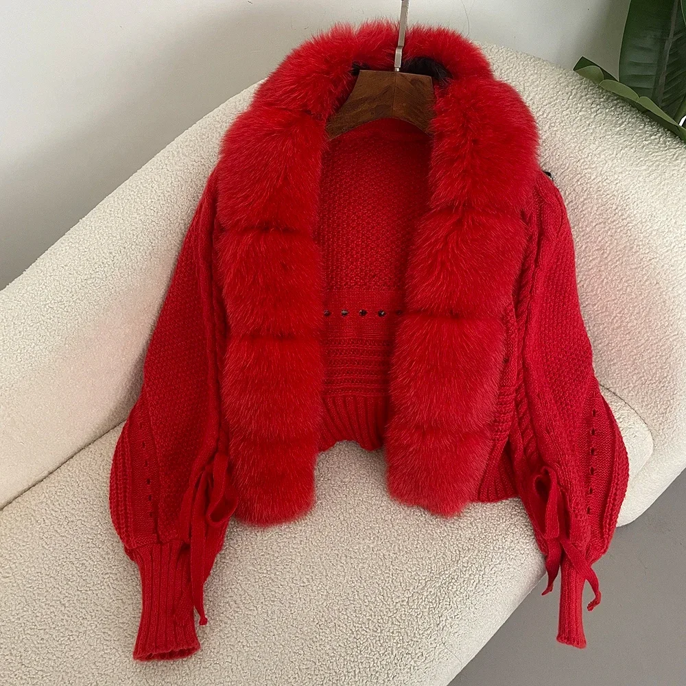 New Knitting Cardigan Placket Coat Casual Real Fox Fur New Fashion Short Warm 2024 Winter Women Knitted Jacket with Natural Fur