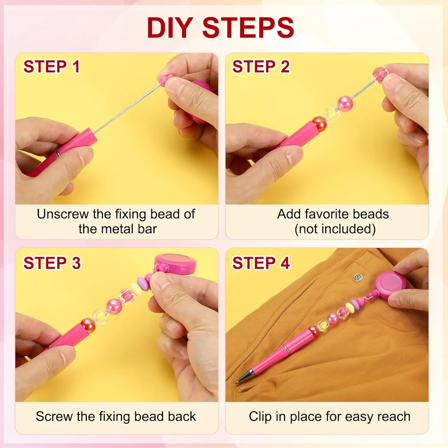 10 Pcs Retractable Badge Reel Beadable Pen Bulk Beaded Ballpoint Pen Black Ink for DIY Making, Office Worker, Waitress, Writing