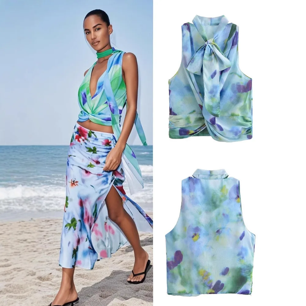 

2025 Summer New Bow Tie Belted Floral Print Blouse Womens Fashion Casual Chic Short Sleeve T Shirt Top Trendy Blouse