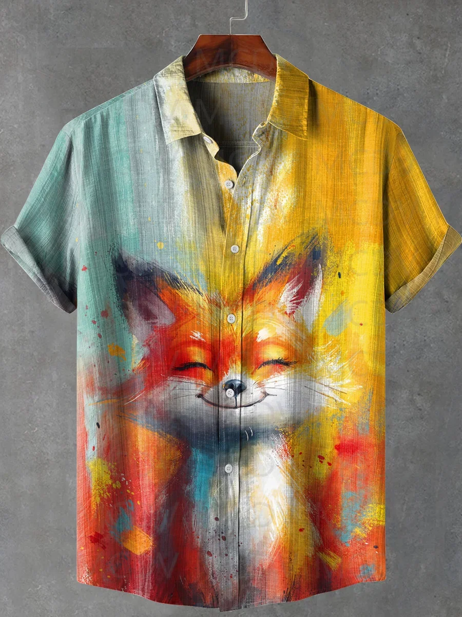 

Vintage Watercolor Cute Fox Art Print Casual Hawaiian Shirt Printed Style Short Sleeve Casual Shirt Men's