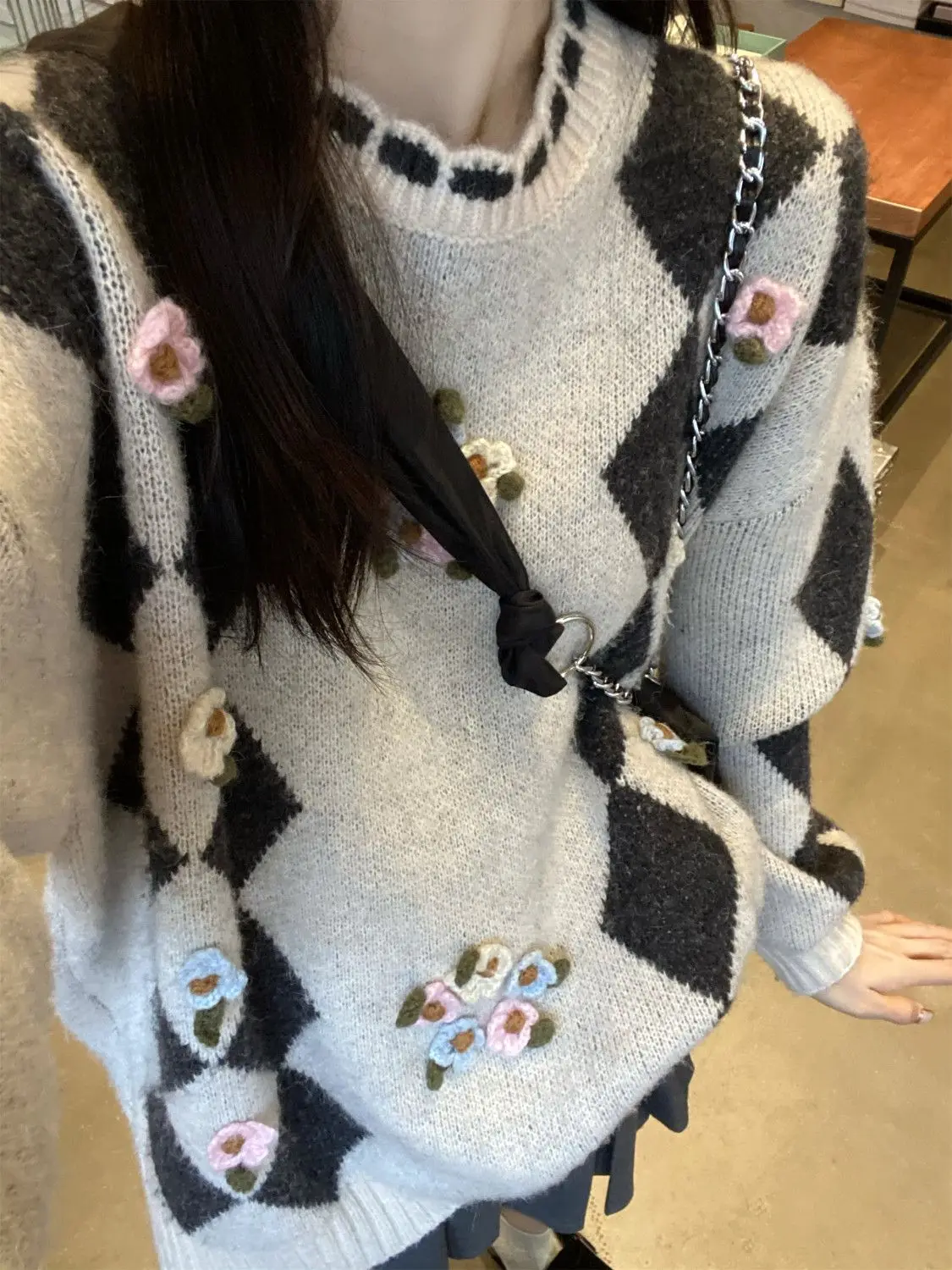 

Корейский студенческий стиль, ромбический пуловер контрастного цвета, женский осенний новый вязаный свободный тонкий топ с джокером