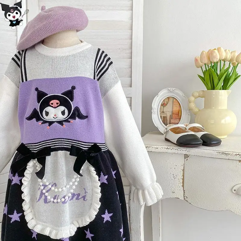 حار سانريو كورومي فستان محبوك Kawaii الخريف والشتاء الكرتون موضة طالب ملابس الأطفال غير رسمية لوليتا كاذبة قطعتين #4
