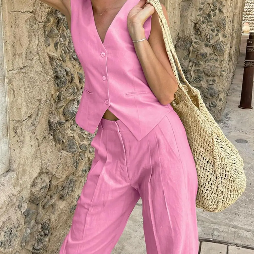 

Straight-leg Pants Two-piece Set Stylish Women's 2-piece Outfit Sets for Summer Parties Office Wear Sleeveless V-neck Top