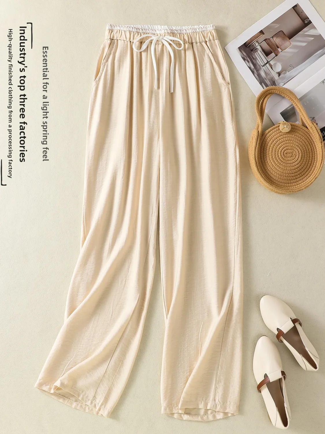 

Korean Japanese Style Women's plus Size Straight Leg Linen Pants Slimming Color Casual High Waist Long Trousers
