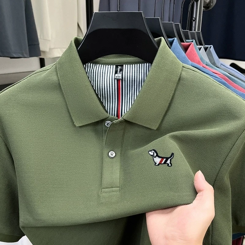 Men's Business Casual Short Sleeve Polo Shirt Solid Color with Badge Fashionable Breathable Comfortable Versatile Business Top