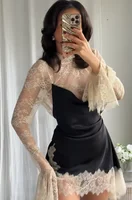 Sexy Lace Patchwork Mini Dress Women Elegant Full Flared Sleeve Waist Cinching See Through Short Dresses Lady Club Party Gowns - Image 2