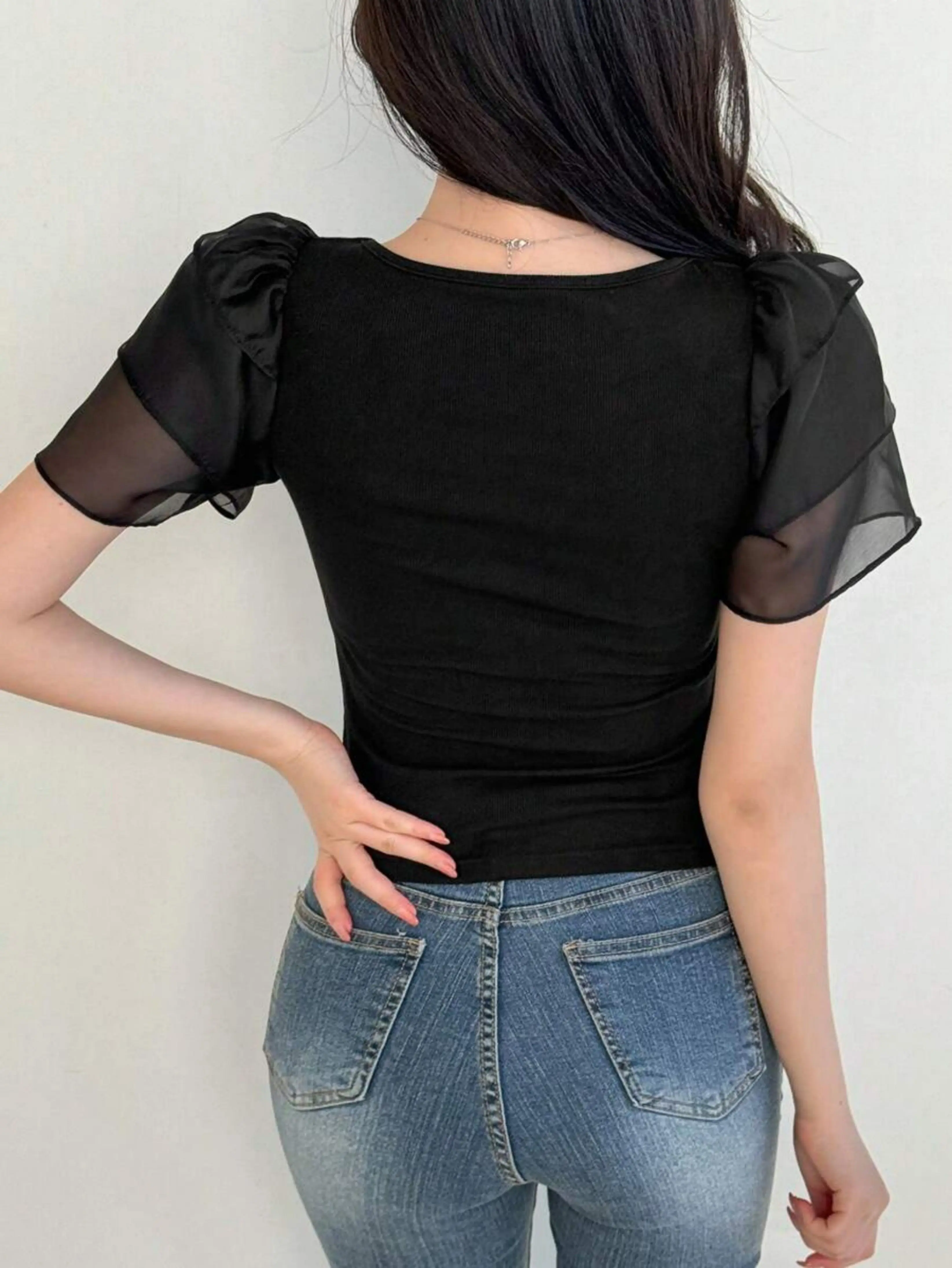 Top de punto negro ajustado elegante a la moda para mujer, Top de punto con cuello cuadrado, manga de retazos de gasa, Top de punto Simple informal