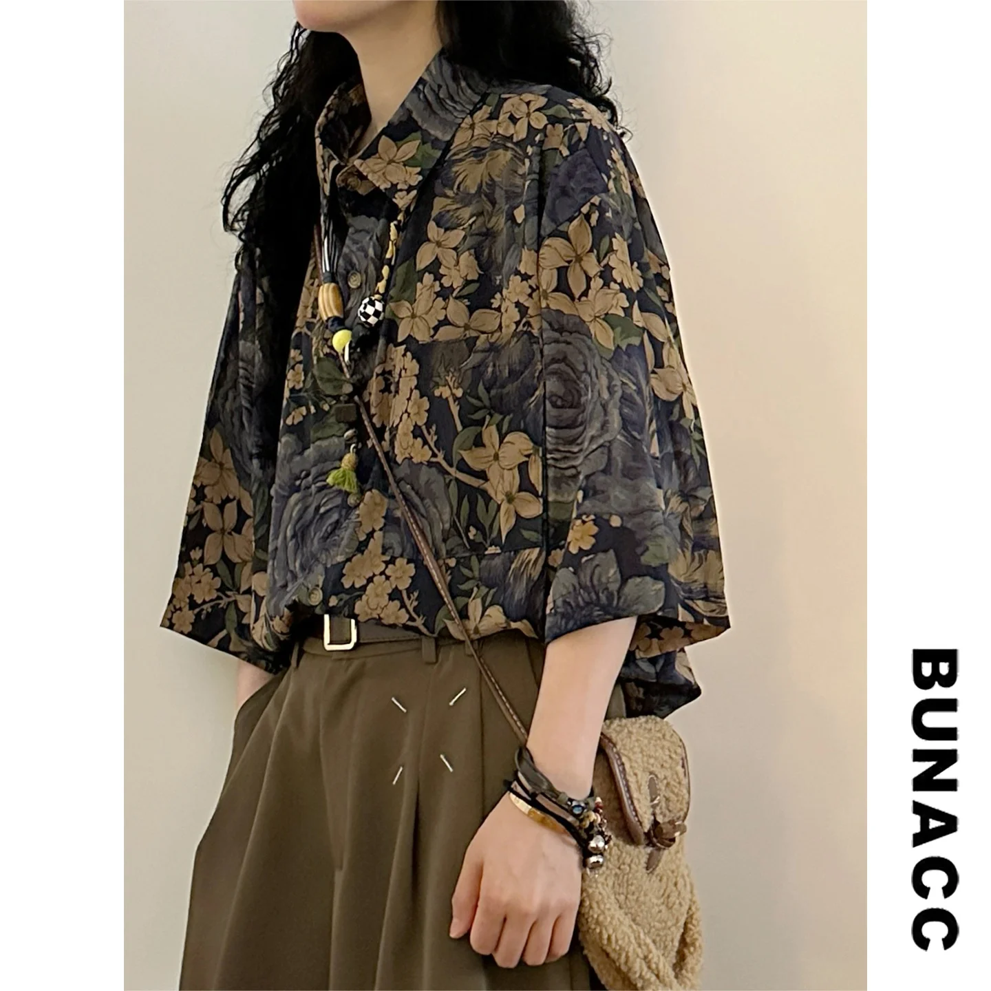 

Летняя женская рубашка в американском ретро-стиле с цветочным принтом, свободного кроя, с отложным воротником, с рукавом 3/4