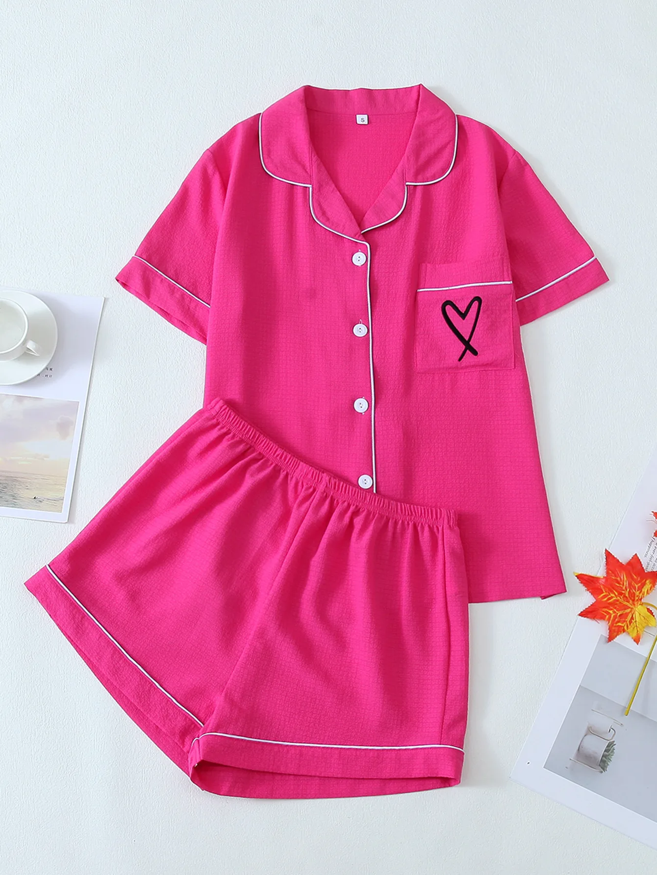 Pajama Set Sleepwear Loungewear Soft Loose Heart Print Short Sleeve Shorts Two Piece Homewear Summer Comfortable Romantic
