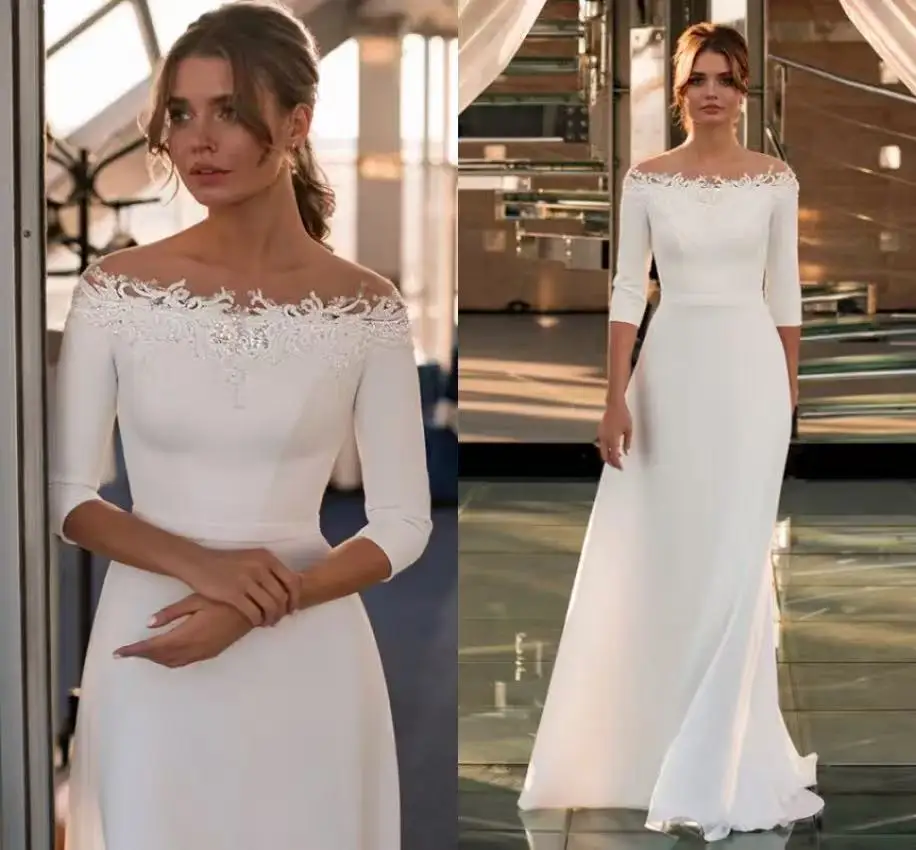 Maßgeschneiderte Schlichte Weiße Schulterfreie Brautkleider Meerjungfrau-Satin Pailletten-Hochzeitskleider mit Applikationen 2026 Vestido De Noiva – Detail 3