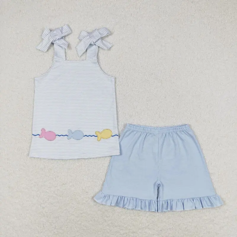 

New rts baby girl summer suit wholesale boutique flower light blue lace suspender shorts set GSSO1018