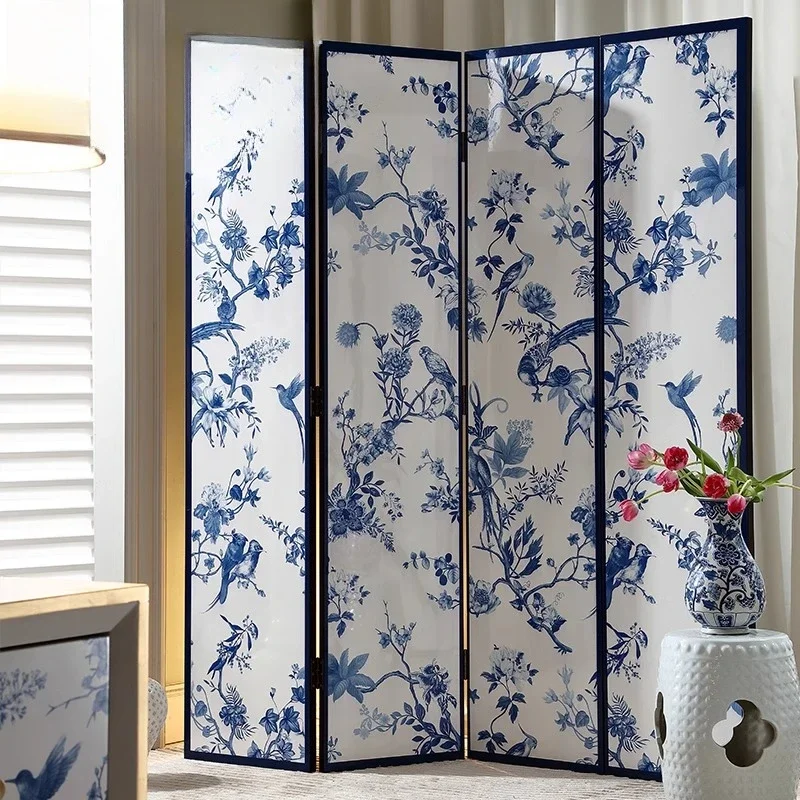 

Porcelain white French Chinese style blue and white folding art screen retro partition mobile Chinese style home