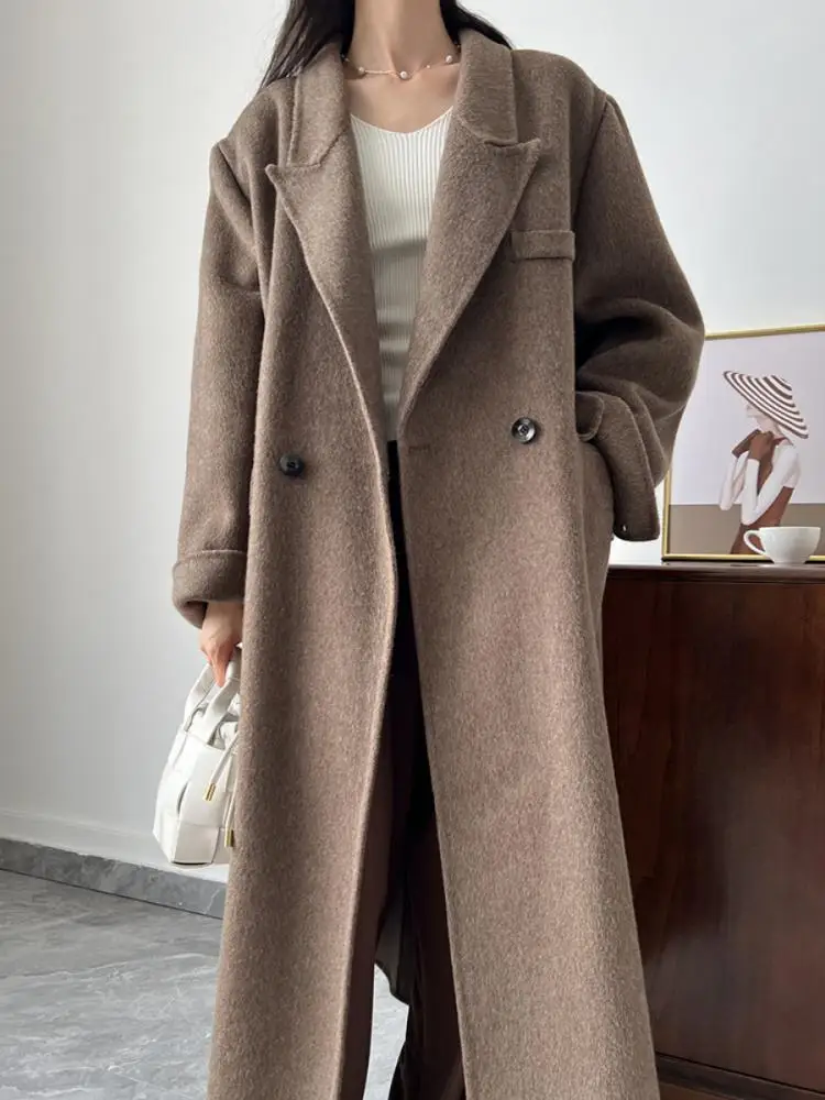 Office Lady Woolen Jackets 2024 Autumn And Winter Suit Collar Double Breasted loose Long Women\'s 100% Wool Coats