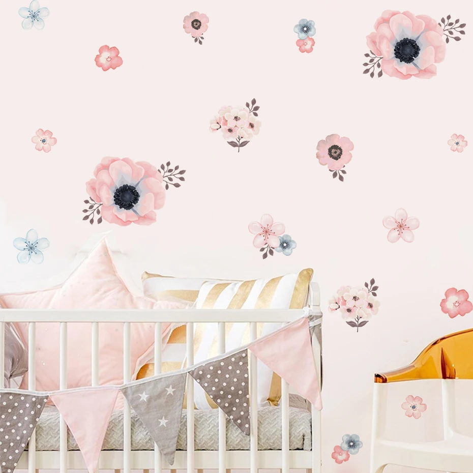 Boho Pink Watercolor Flowers Wall Stickers Kids Room Wall Decals Baby Nursery Room Stickers Living Room Bedroom Girl Room