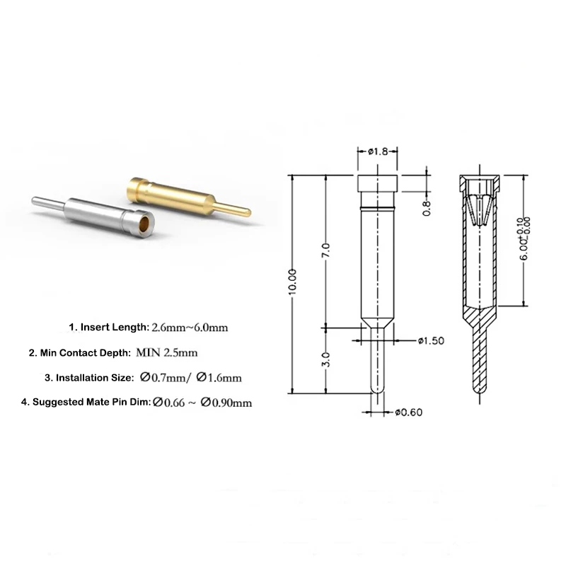 500pcs Hole Female Header Receptacle D1.8xL10mm for Male Round Pin Dim0.8 (0.66-0.9mm) or Square SQ0.64 Gold Tin PCB Jack Socket