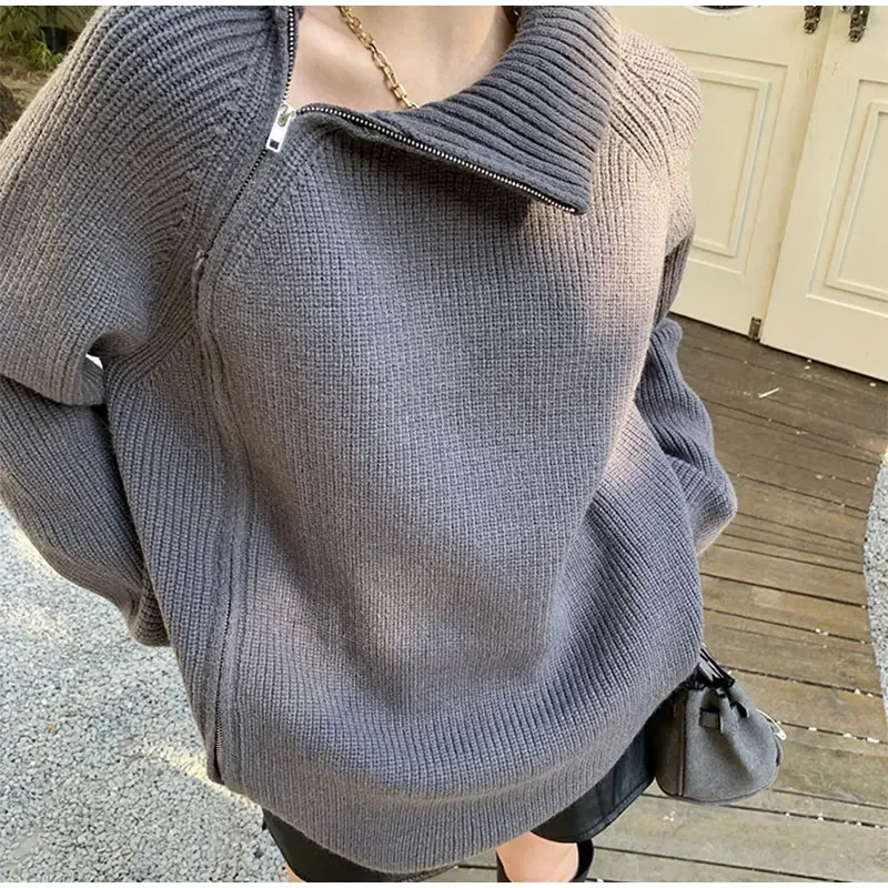 

Zippers Slit Turtleneck Knitted Woman Pullover Long Sleeve Office Sweater Clothes Autumn Winter Woman Design Jumper Top