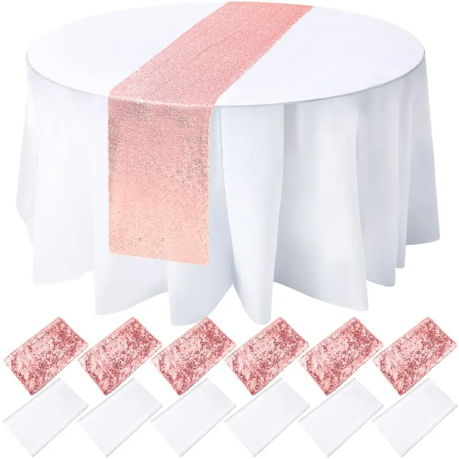 

Набор из 12 круглых пластиковых скатертей диаметром 84 дюйма с блестящей тканью и пайетками, 12 x 108 дюймов, одноразовые водонепроницаемые скатерти для вечеринок