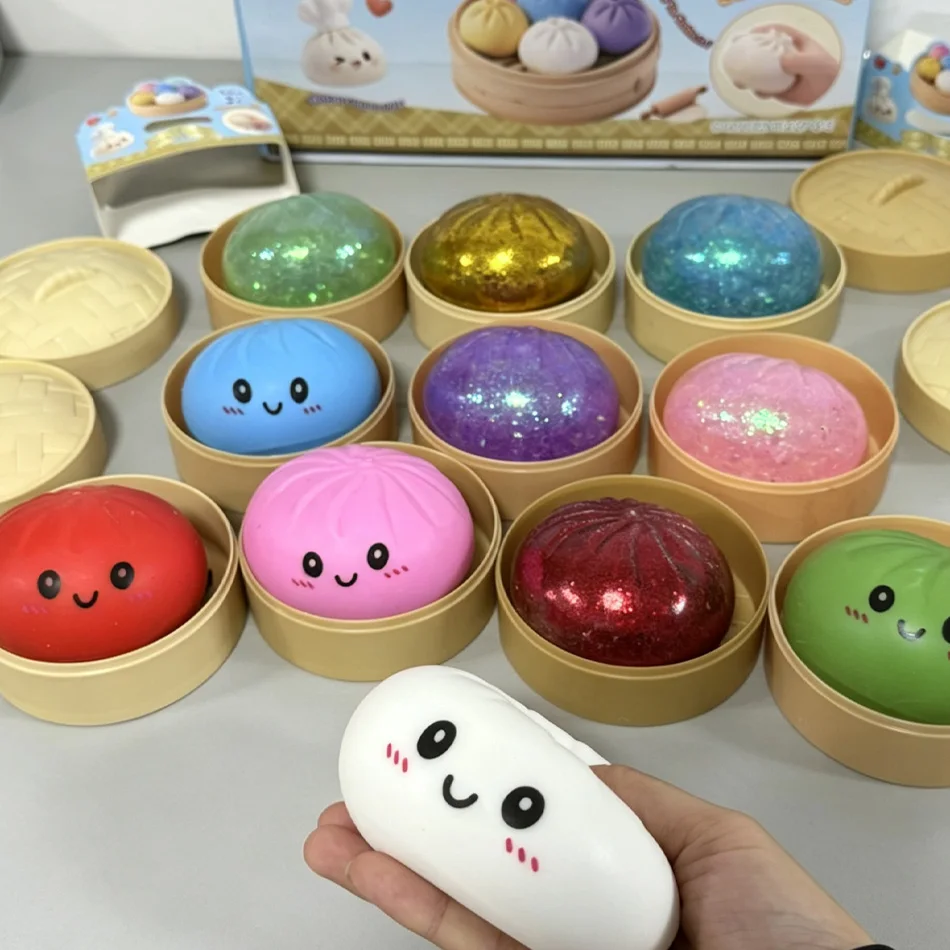 Glitzernde Dumpling Squishies Spielzeug-Box Bun Baozi Dumpling Mystery Box Bunte Lebensmittel-Squishies Sensorisches Fidget-Spielzeug Anti-Stress-Quetschbälle