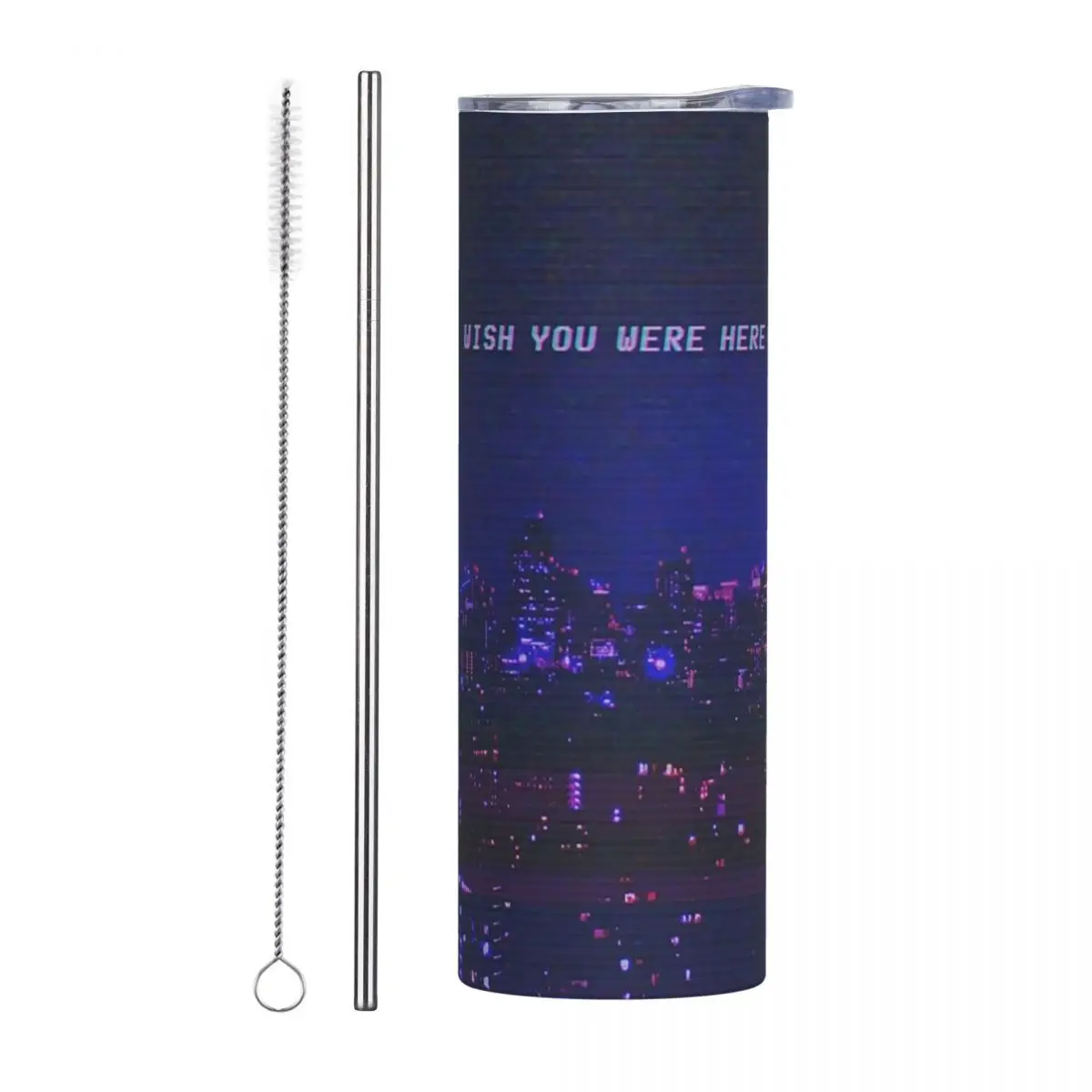 Vaporwave Aesthetic Tokyo City Night Glitch Wish You Were H Stainless Steel Tumbler Mug Thermal Cold Cups Straws With Lid 20oz